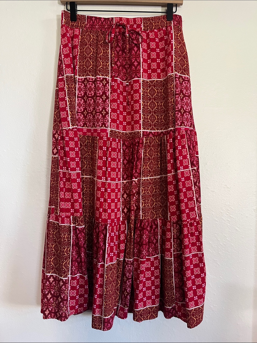 Bohemian Red Patchwork Tiered Maxi Skirt